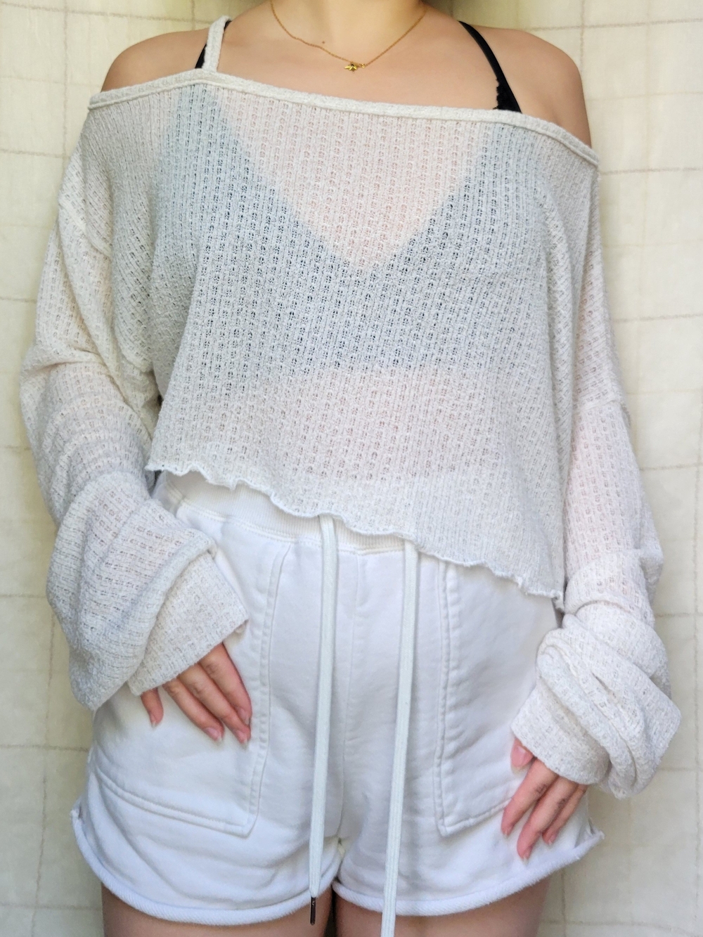 Lightweight White Off-Shoulder Cropped Sweater